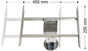 Eloksall alüminyumdan üretilmitir. Çift yönlü. Tablann iki eksen boyunca kaydrlmasna izin verir: uzunlamasna 450 mm ve enine 250 mm. D boyut 680x560 mm. Ayak dahil deildir.