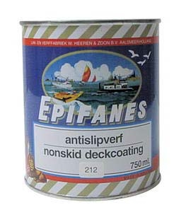 Epifanes kaymaz boya, 750 ml. Uretan/alkid bazl yarmat boyada polipropilen parçacklarla kaymazlk salanmtr. Uygun astar kullanldnda aaç, fiberglas, çelik ve alüminyum güvertelerde kullanlabilir. Uygulamann rulo ile yaplmas, kaymaz partiküllerin dalmnn eit olmasn saladndan tavsiye edilir. Tamamen sertleme süresi 72 saattir. Rulo ile uygulamasnda inceltici olarak 65.19.021 tiner kullanlr. Katlar arasnda 18°c de 24 saat beklenmelidir. 750 ml boya 4-8 m² alan için yeterlidir.