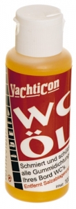 Yachticon WC OIL. Tekne tuvaletinizin tüm lastik aksamn korur, kayganlk salar. Tuzlanmay giderir. Pompa silindirinin içini yalar,valflerin tkanmasn önler. Pompa piston milini yalar. Tabiidir,çevreye zarar vermez. Portatif tuvaletlerde de kullanlabilir. 100ml.