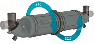 Vetus Waterlock/Muffler, Tip NLPH. Bu yeni waterlock/muffler yaps itibariyle iki adet dönebilen parçadan olumaktadr. Ayn zamanda hortum balantlar da tamamen dönebilir olup, hem kolay hem de zamandan tasarruf salayan kurulum salar. Yatay montaj için tasarlanmtr. 3 Litre kapasitededir. Maksimum sürekli çalma scakl 70 °C’dir.