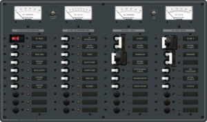 Blue Sea Systems Sigorta paneli. 20 AC, 20 DC pozisyonlu. 12V DC/230V AC. 292x495mm. 30 adet AC, 30 adet DC etiket.

	AC özellikleri:

	
		6 adet 8A otomatik sigorta
	
		4 adet 16A çift kutuplu otomatik sigorta
	
		0-230V AC Voltmetre


	DC Özellikleri: 

	
		20 DC Sigorta montaj imkan. Standart montajl 1 adet 100A DC Ana sigorta, 13 adet 15A DC Otomatik sigorta.
	
		8-16V voltmetre, birden fazla akü için üç pozisyonlu switch ile.
	
		0-50A ampermetre.
	
		18-32V DC Voltmetre taklarak, 24V ile kullanlabilir.