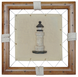 Dekoratif duvar panosu. Kuma zemin üzerinde deniz feneri. Ahap çerçeveli. 25x25 cm.