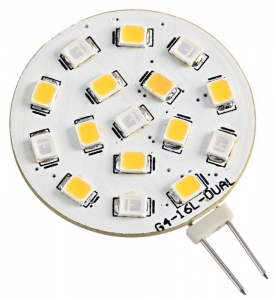 Çift renkli led ampul.

G4 soketli. Scak beyaz veya mavi  etkinletirmek için dümeye ard ardna basn. Çip Ø 31 mm. 1.6W/0.8 W.  180/20 Lumen.  120⁰ aydnlatma açs.