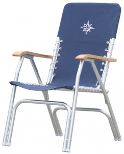 Yat sandalyesi. Anodize alüminyum gövde, mavi kuma döeme. 65cmx55cmx92mm h.